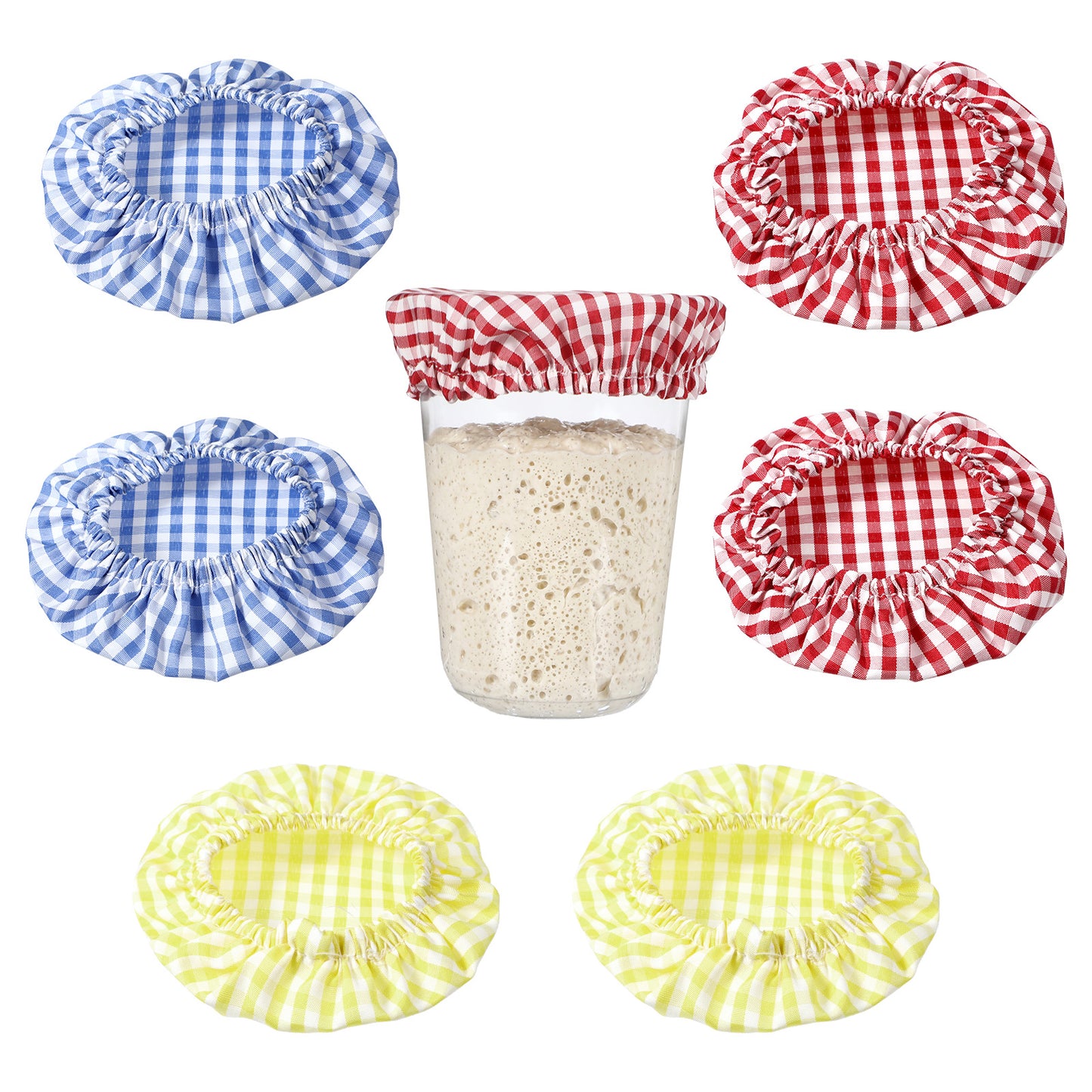 RAHHLIZS 6pcs Jar Cloth Covers Reusable Sourdough Starter Bowl Cover Dough Basket Elastic Cover for 3-4 Inch Jar Mouth Baking Supplies (Blue, Red, Yellow)