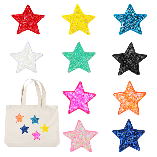 10PCS Star Patches Iron on 2.5" Multicolor Sequin Chenille Patches Embroidered Patches for Clothes, DIY Sew on Star Rhinestones Patches Applique for Clothing Hats Dress Pants Jeans