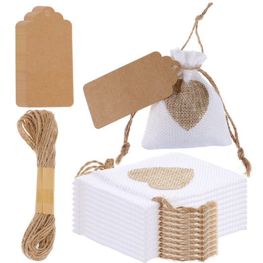 10PCS Heart Burlap Bags 3x4" Small Gift Bags Drawstring with Drawstring and Gift Tags & String, Reusable Linen Burlap Sack for Wedding Favors Party Jewelry Pouches, Christmas, Coffee, DIY Craft(White)