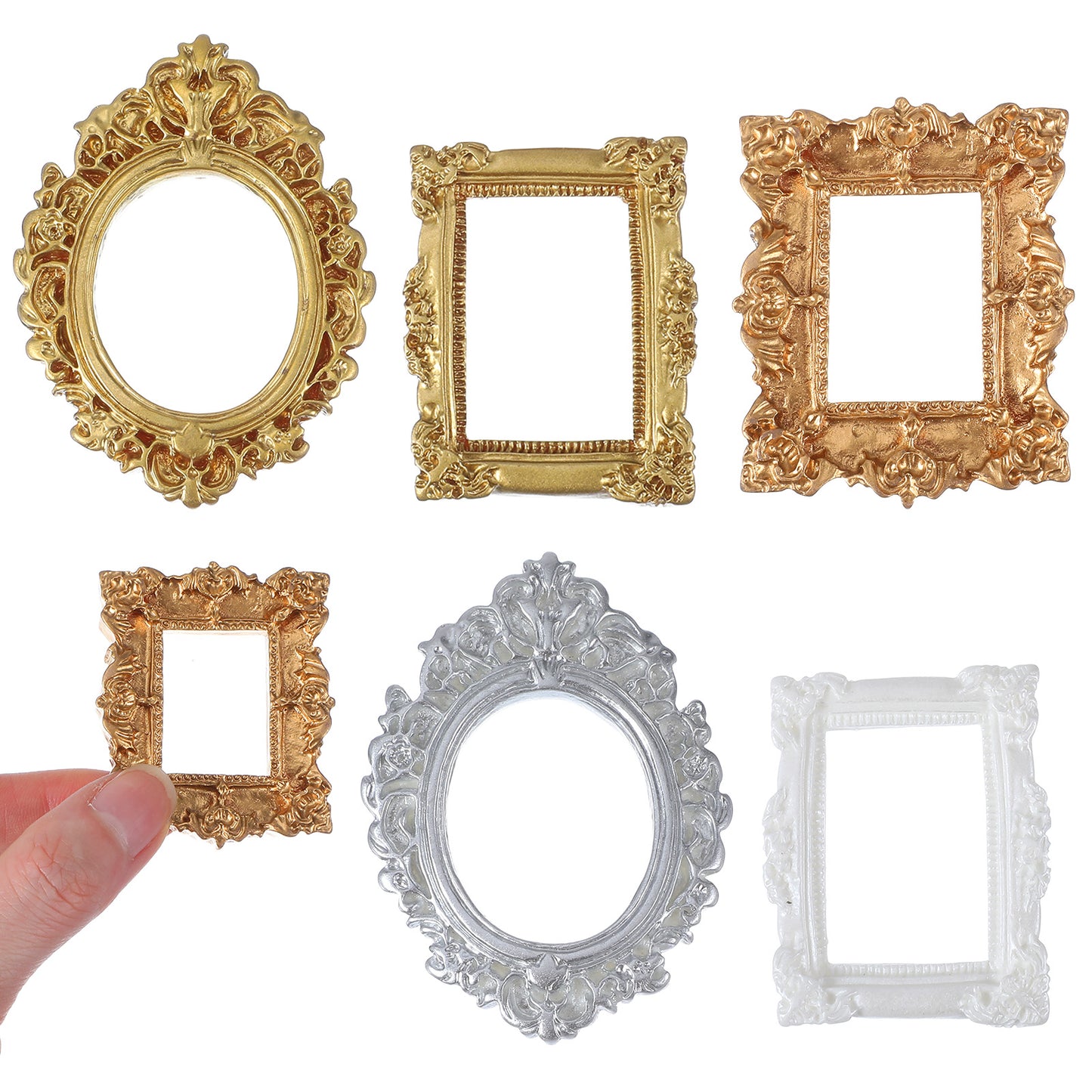 5 Pcs Gold Mini Frames for Crafts, Ymapinc Miniature Vintage Picture Frames, Small Vintage Museum Photo Frame, Dollhouse Miniatures Accessories (White/Silver/Gold, Carved Edges)