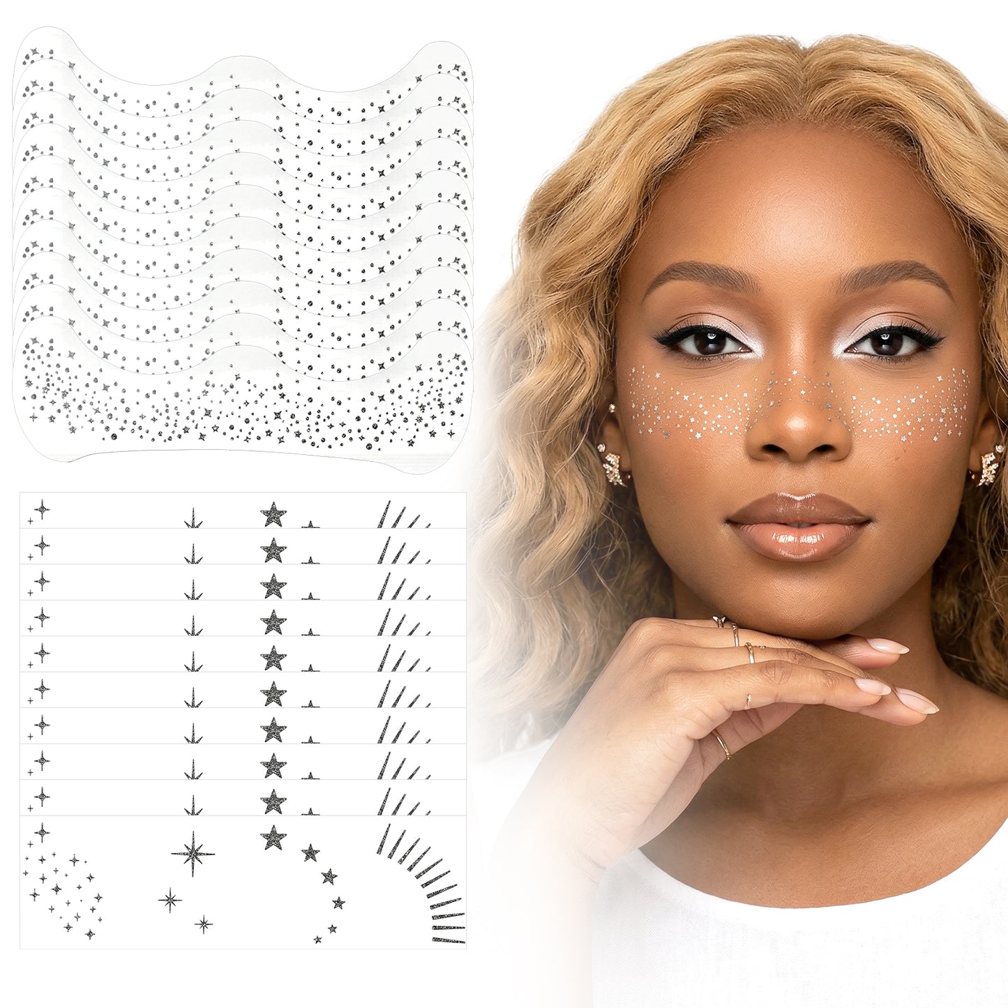 Nogeqi 20 Pcs Face Glitter Freckles Tattoo, Sparkle Freckles Glitter Face Tattoos, Waterproof Temporary Face-Tattoos for Women Glow Up Makeup Patches Silver