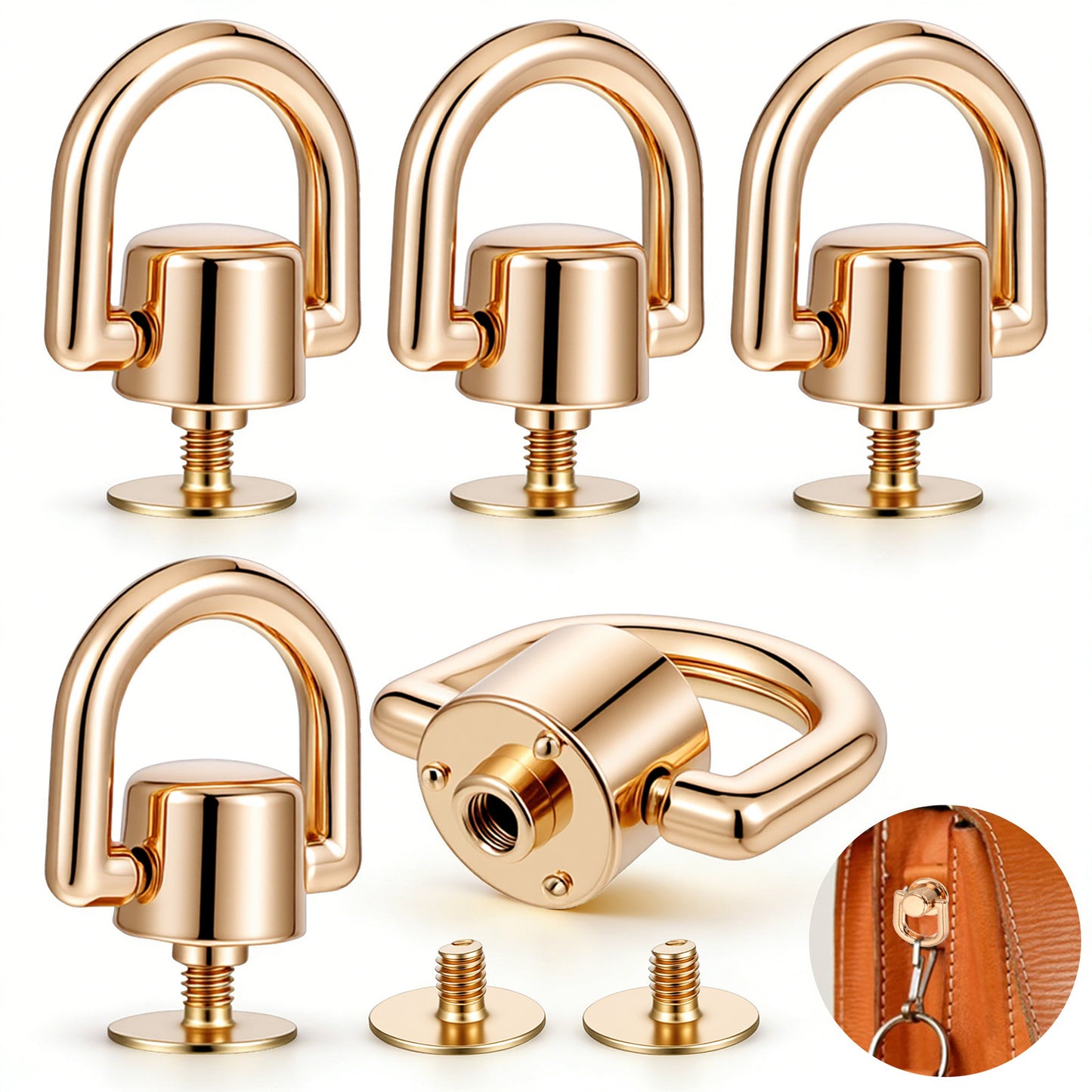 D Rings for Purse, Heavy Duty 360° Rotatable Metal Hardware, Stud Screw Ball Rivets, DIY Leathercraft Accessories, 18 Pcs Gold D Ring Stud Screw Ball Head Buttons for Purse Straps