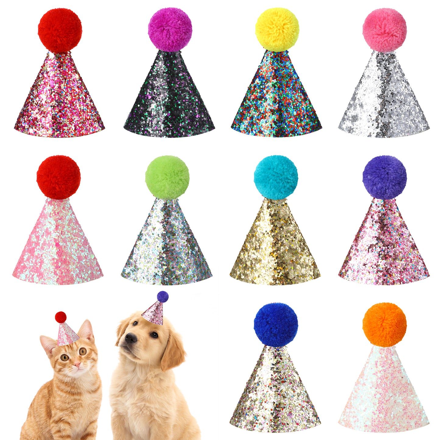 Tyqour 10 Pcs Party Hats for Stuffed Animals, Glitter Mini Cone Birthday Hats with Pom Poms for Pets, Cats, Dogs, Adjustable Elastic String, Holiday Decorations