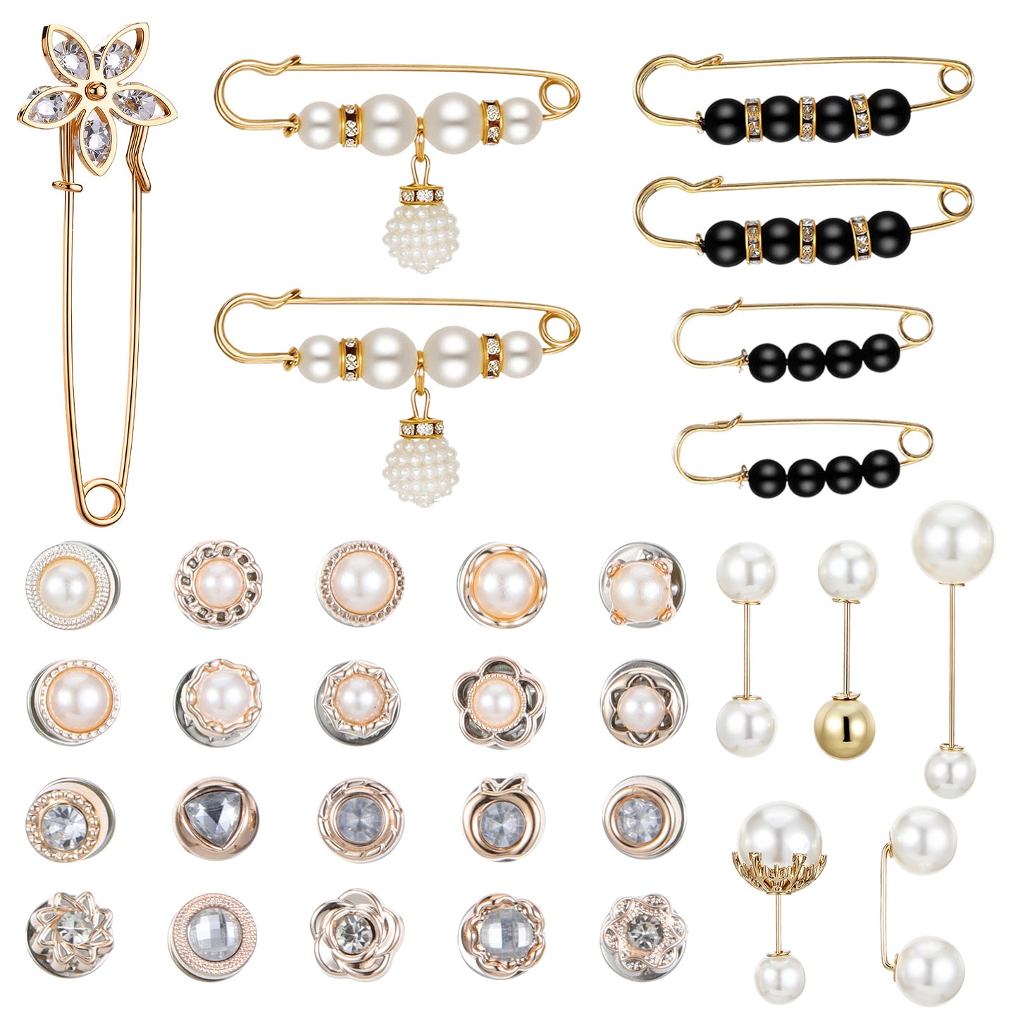 32Pcs Pearl Brooch Pins Pearl Pins for Clothes Crystal Pant Waist Tightener Safety Pin Sweater Shawl Collar Dresses Cardigan Clips Fashion Cover Up Buttons Decoration Accessories for Women