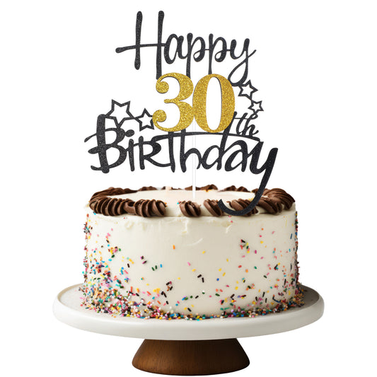 1PCS Happy 30th Birthday Cake Topper, Black Gold Glitter Cake Decorations, Cheers to 30 Years Birthday for Happy 30th Anniversary Party Cakes Decorations Supplies