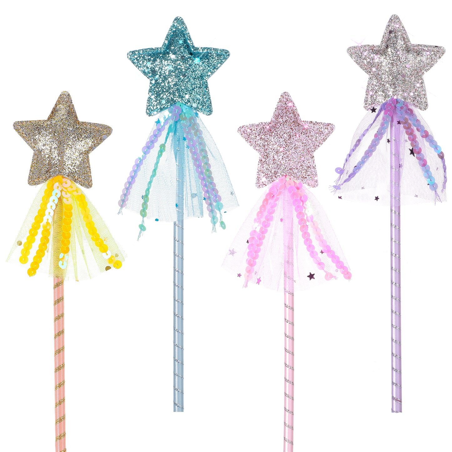 Teaaha 4PCS Magic Wand, Fairy Princess Dress up Accessories Princess Wands, Angel Fairy Wands Stick, Glitter Star Wand Birthday Party Favors Decoration(Pink/Blue/Purple/Yellow)