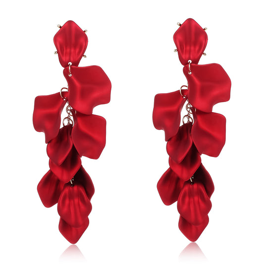 1 Pair Long Acrylic Rose Petals Earrings, Large Red Earrings for Women, Red Flower Earring Dangle Statement Layered Floral Petal Earring for Wedding Holiday Festive Costume Gift