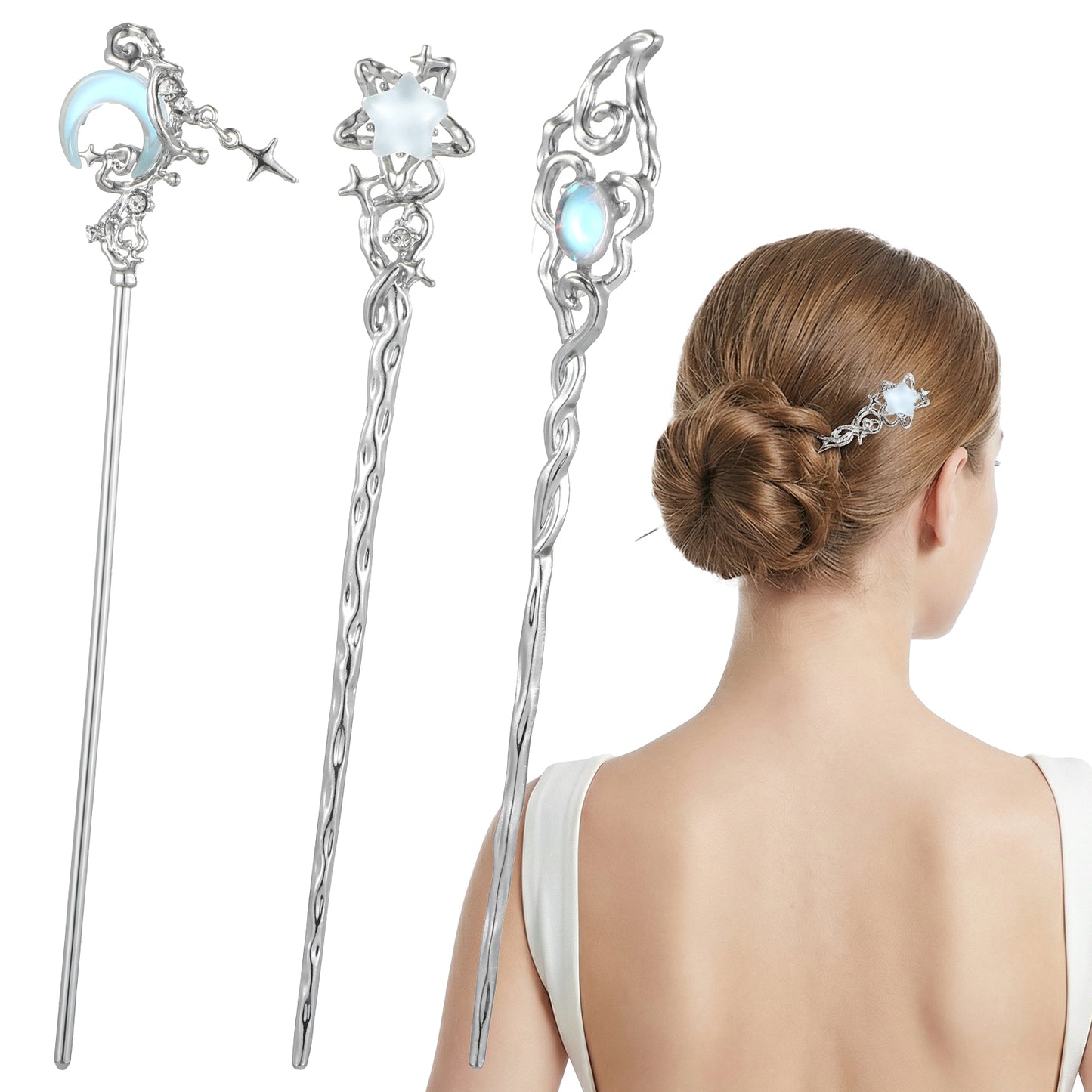 3PCS Star Moon Hair Sticks for Buns Long Hairs, Vintage Asian Japanese Chinese Hanfu Chignon Hair Pins Chopsticks Metal Hairs Bun Updo Holders Hairpins for Women Girls