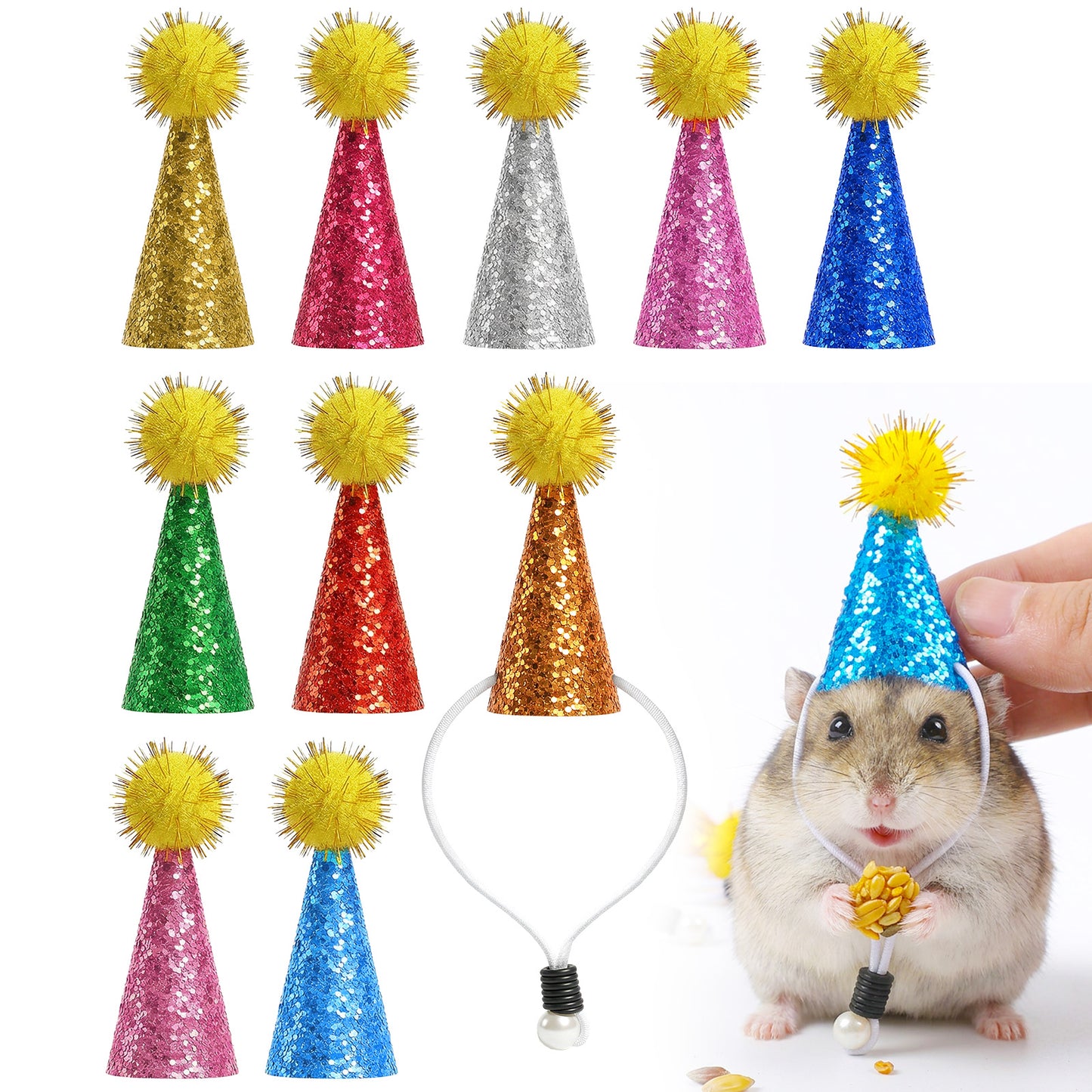 Sorcristy 10Pcs Small Party Hats, Mini Birthday Hats For Hamster Lizard Reptile, Pet Birthday Hat For Stuffed Animals Cake Toppers