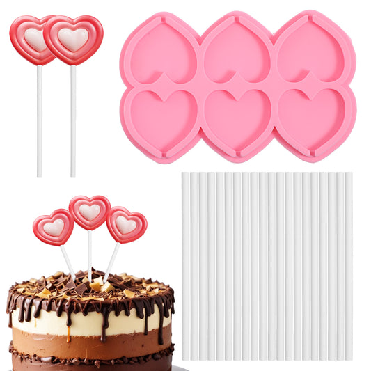 Ymapinc Heart Lollipop Mold Silicone Set - Heart Shape Bulk Cake Pop Chocolate Clay Lollipops Mold for Ovens Microwaves with 20 Sticks