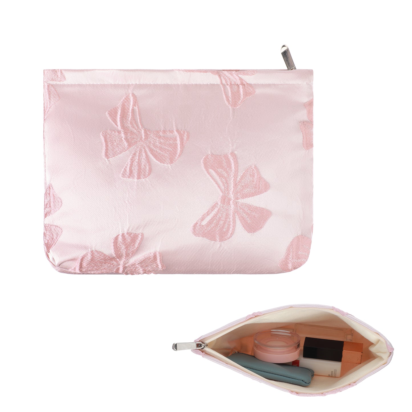 Tyqour Bow Makeup Bag Cute Makeup Bag Large Capacity Cosmetic Bag Aesthetic Zipper Toiletry Bag Portable Makeup Pouch for Women Girls Travel Storage Accessories