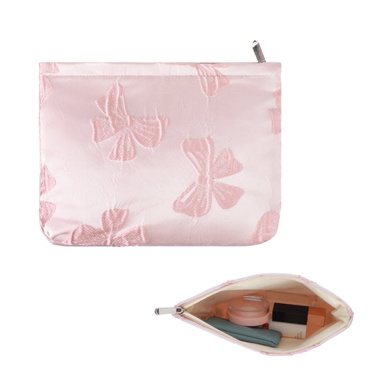 Tyqour Bow Makeup Bag Cute Makeup Bag Large Capacity Cosmetic Bag Aesthetic Zipper Toiletry Bag Portable Makeup Pouch for Women Girls Travel Storage Accessories