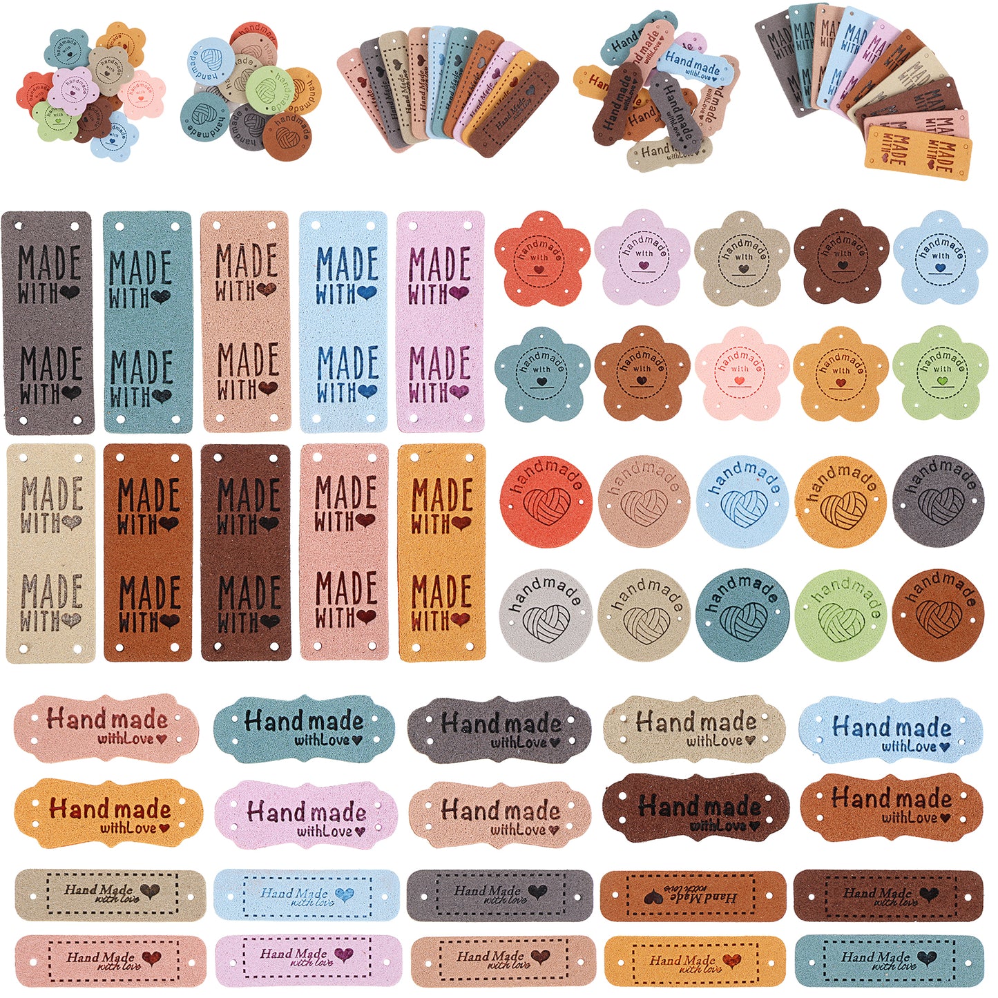 50 Pcs Handmade Sew-On Labels Microfiber Woven Labels with Love Hearts Handmade Embossed Label with Holes for Crochet Clothing, Knitting, DIY Jeans, Bags, Hats, Crochet (5 Styles)