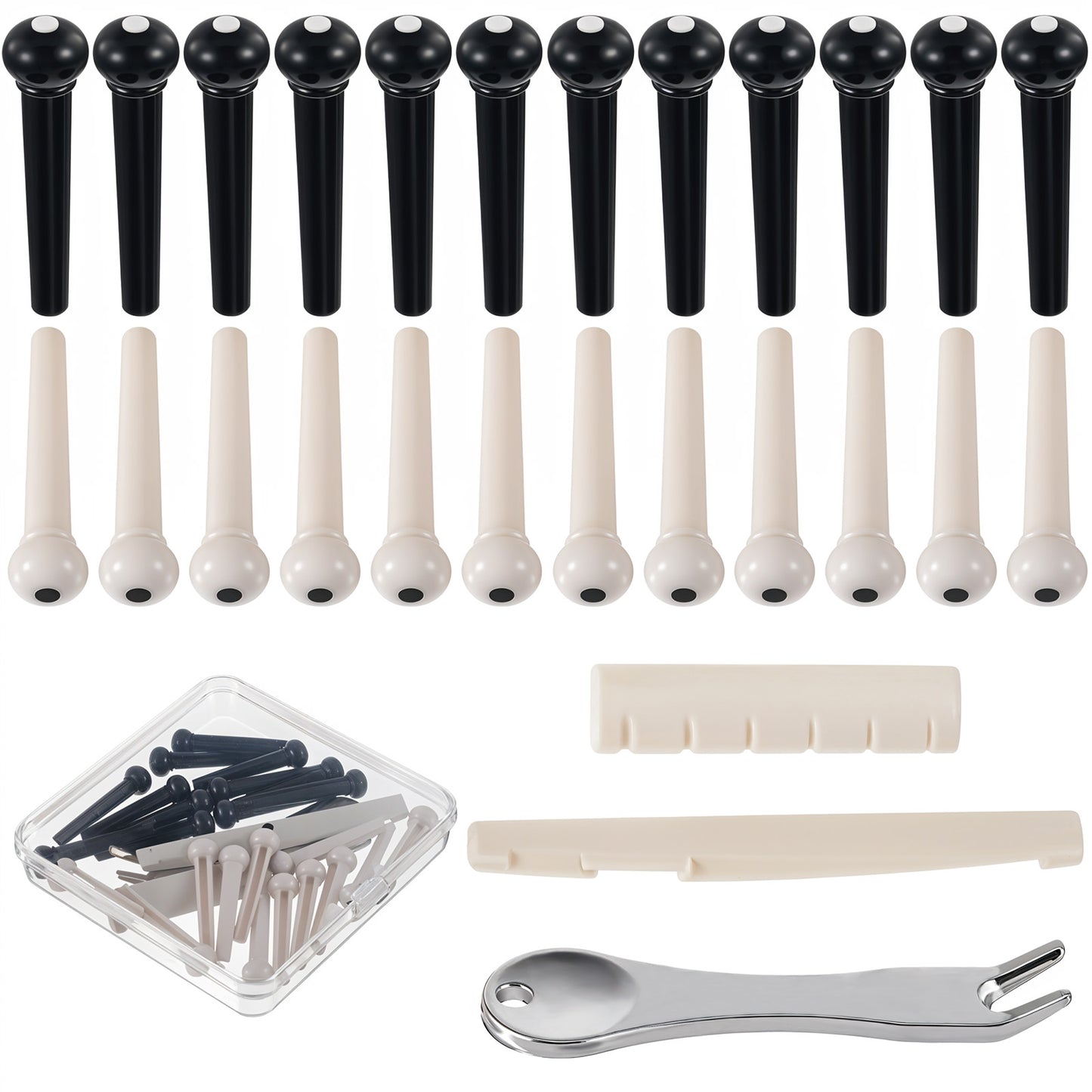 24PCS Acoustic Guitar Pegs Bridge Pins, Guitars Pin Puller Remover and Guitars String Pegs Saddle Nut, Acoustic Guitar Replacement Parts and Accessories(Silver+ Black)