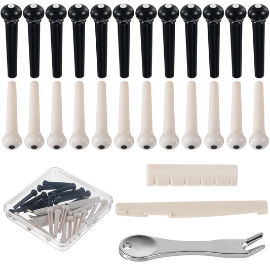 24PCS Acoustic Guitar Pegs Bridge Pins, Guitars Pin Puller Remover and Guitars String Pegs Saddle Nut, Acoustic Guitar Replacement Parts and Accessories(Silver+ Black)