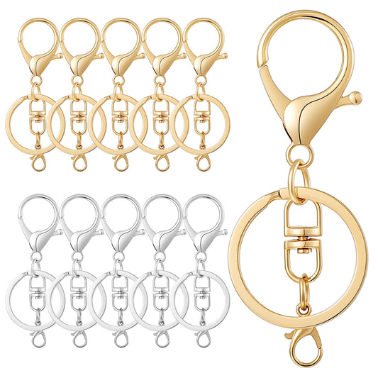 10 Pack Lobster Clasp Keychain Set Metal Lobster Claw Clasps and Key Rings Keychain Clips with Swivel Clip & Flat Split Lobsters Claw Clasps for Jewelry Making DIY Art Craft Accessories Silver Gold