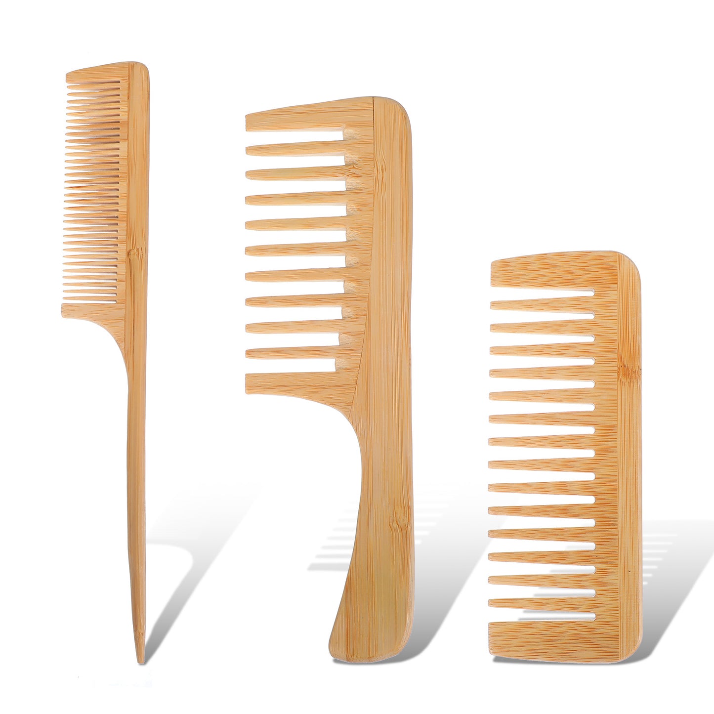 3Pcs Natural Bamboo Comb for Women, Wide Tooth Wooden Comb for Curls, Rat Tail Beard Combs Set for Thick Thin Straight Hair Women, Men Barber Styling, Curly Teasing, Parting, Mustache
