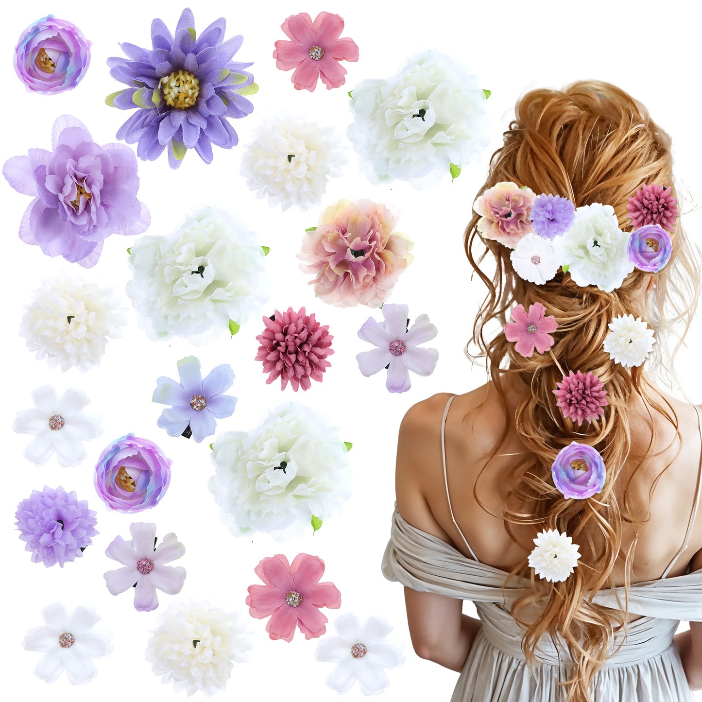 Tyqour 21 Pcs Silk Flower Hair Clips for Women Aesthetic Flower Hair Accessories Roses Headdress Clips Boho Purple Floral Bride Barrettes Wedding Accessories (Purple and White)