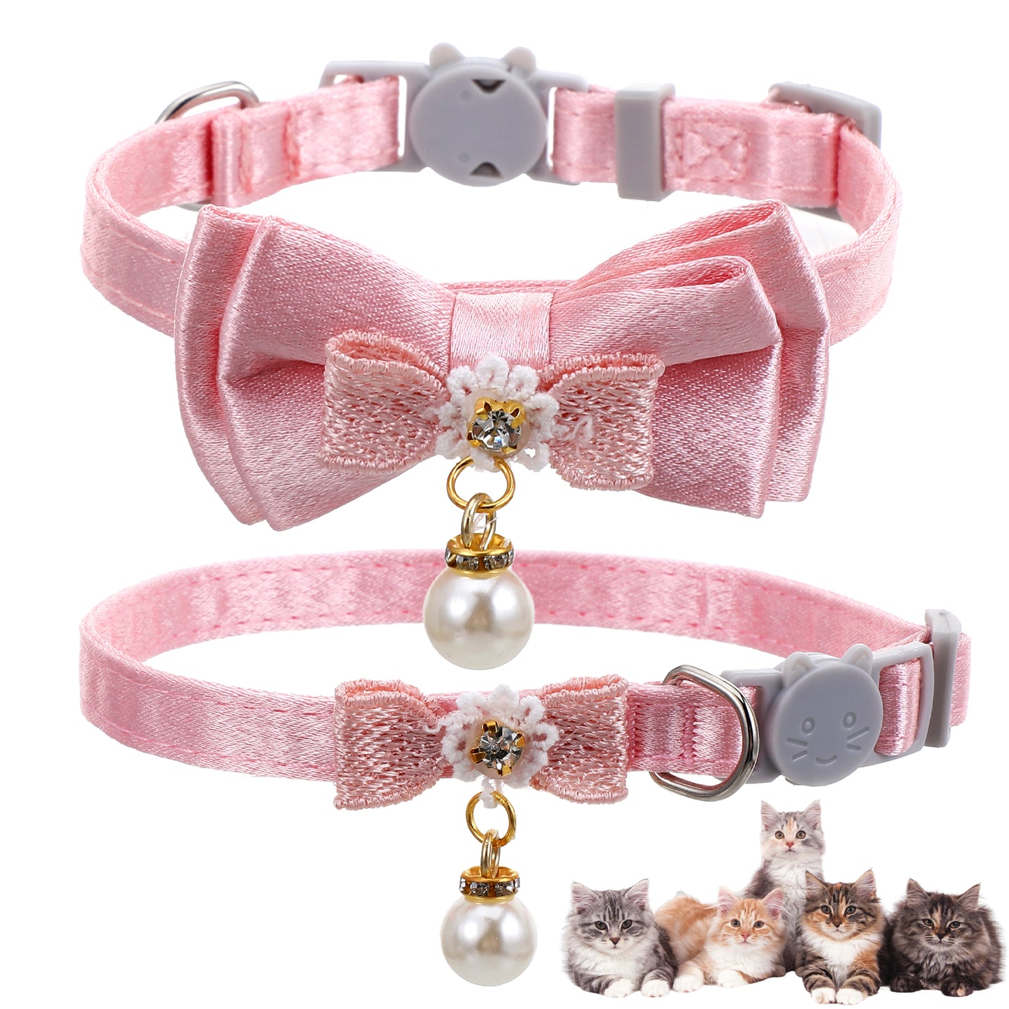 2 Pack Pink Cotton Cat Collars for Girl Cats, Cute Pearl Bow Kitten Collar Breakaway Safety Buckle Cats Pet Collars Adjustable from 7.9 to 11.8 Inches