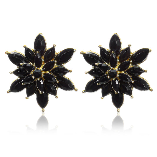 Ymapinc Black Flower Earrings for Women,Statement Floral Cluster Design with Black Gold Crystal Rhinestones Large CZ Studs Earrings for Bridal Wedding Party Prom Formal Events