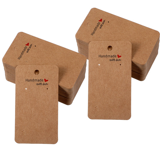 100 Pcs Earring Cards 3.54x1.97 In Kraft Earring Display Cards with Holes Packaging for Jewelry Necklace Bracelet Handmade with Love Hanging Tags Blank Brown Jewelry Holders for Selling Diy Crafts