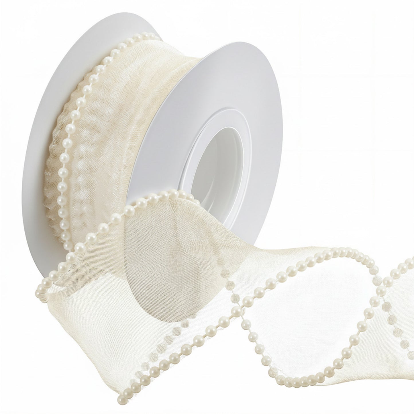 Nogeqi 1.5 Inch Faux Pearl Ribbon, Smooth Creamy White Ribbon with Pearl Edges Wire, 5 Yard Sheer Mesh Ribbons for Gift Wrapping, Bows Bouquet Decor Crafts, Wedding Bridal Decorations