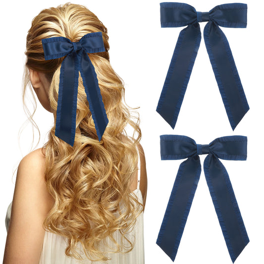 2Pcs Navy Blue Hair Bows for Women Girls, 5.5 Inch Navy Blue Tassel Ribbon Bowknot Hair Clips Barrettes Clips with Long Tail Her Vintage Dress Outfit Decor Accessory