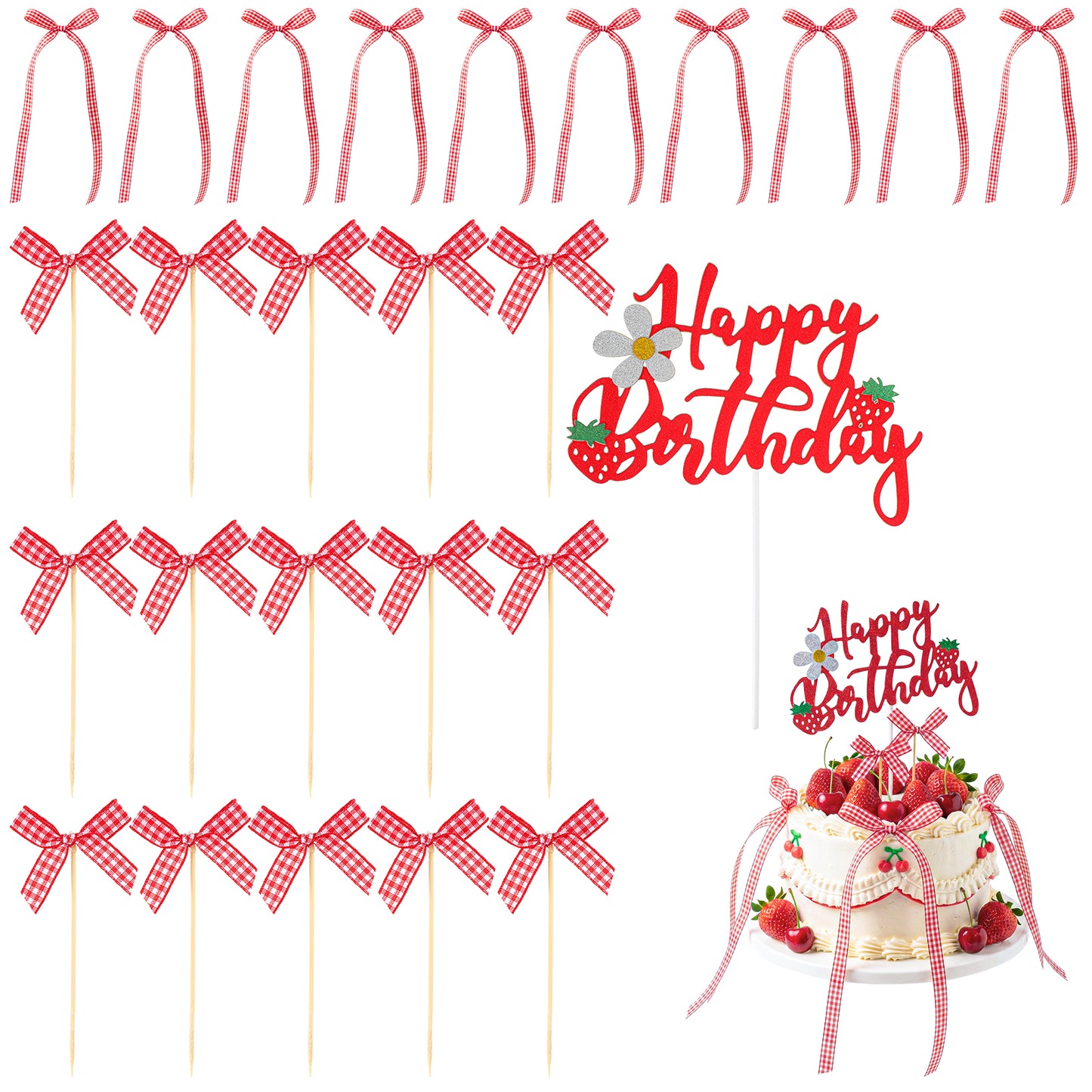 RAHHLIZS 26pcs Strawberry Cake Decorations Bow Cake Cupcake Topper Ribbon Bows Cakes Dessert for Birthday Wedding Picnic Party Supplies Table Centerpieces decor