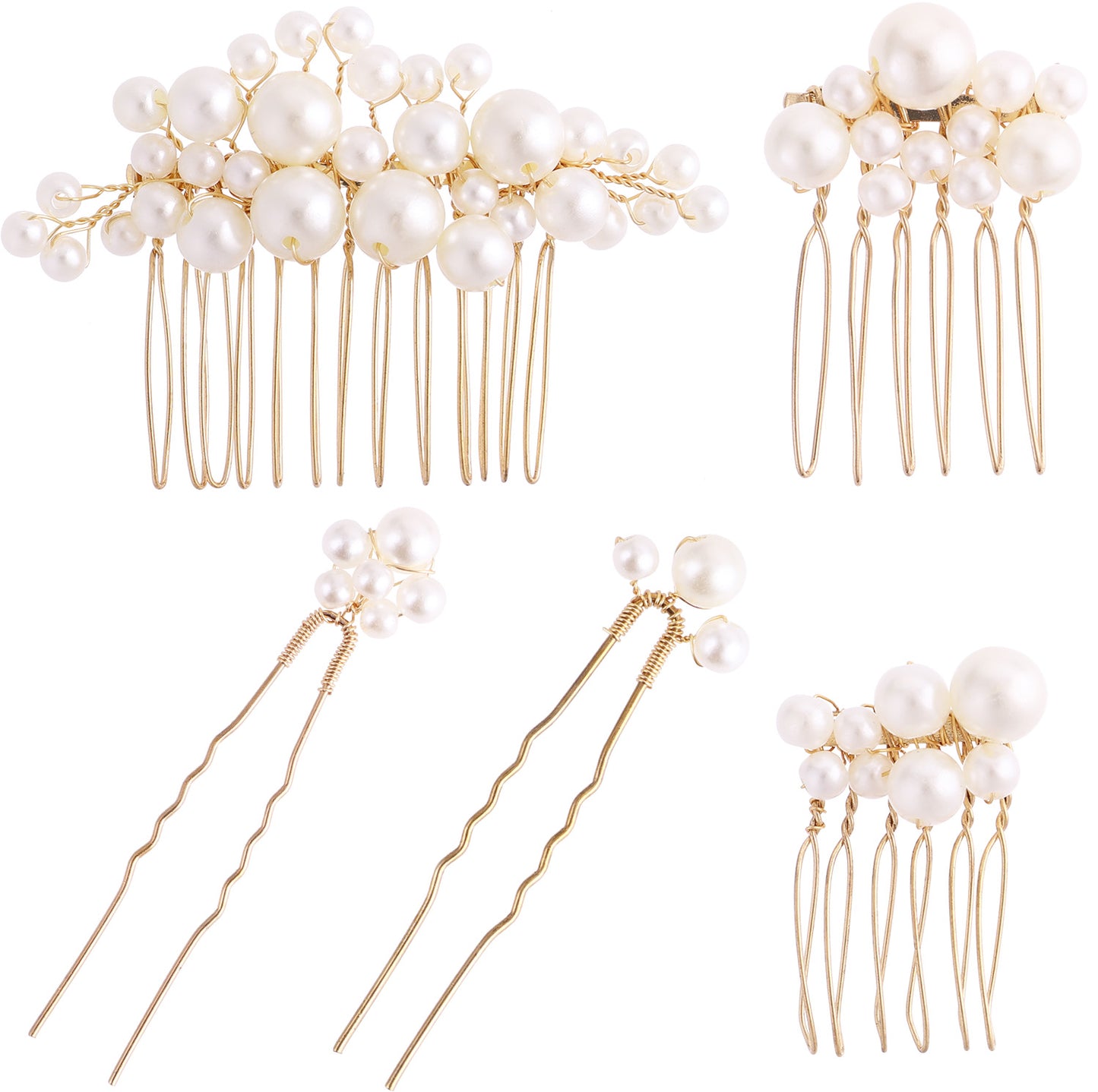 5 PCS Gold Wedding Hair Pins Accessories Set, Bridal Prom Hair Combs and Pins with Pearls, Gold Wedding Bridal Hair Combs Pearl Jewelry Accessories for Weddings, Proms