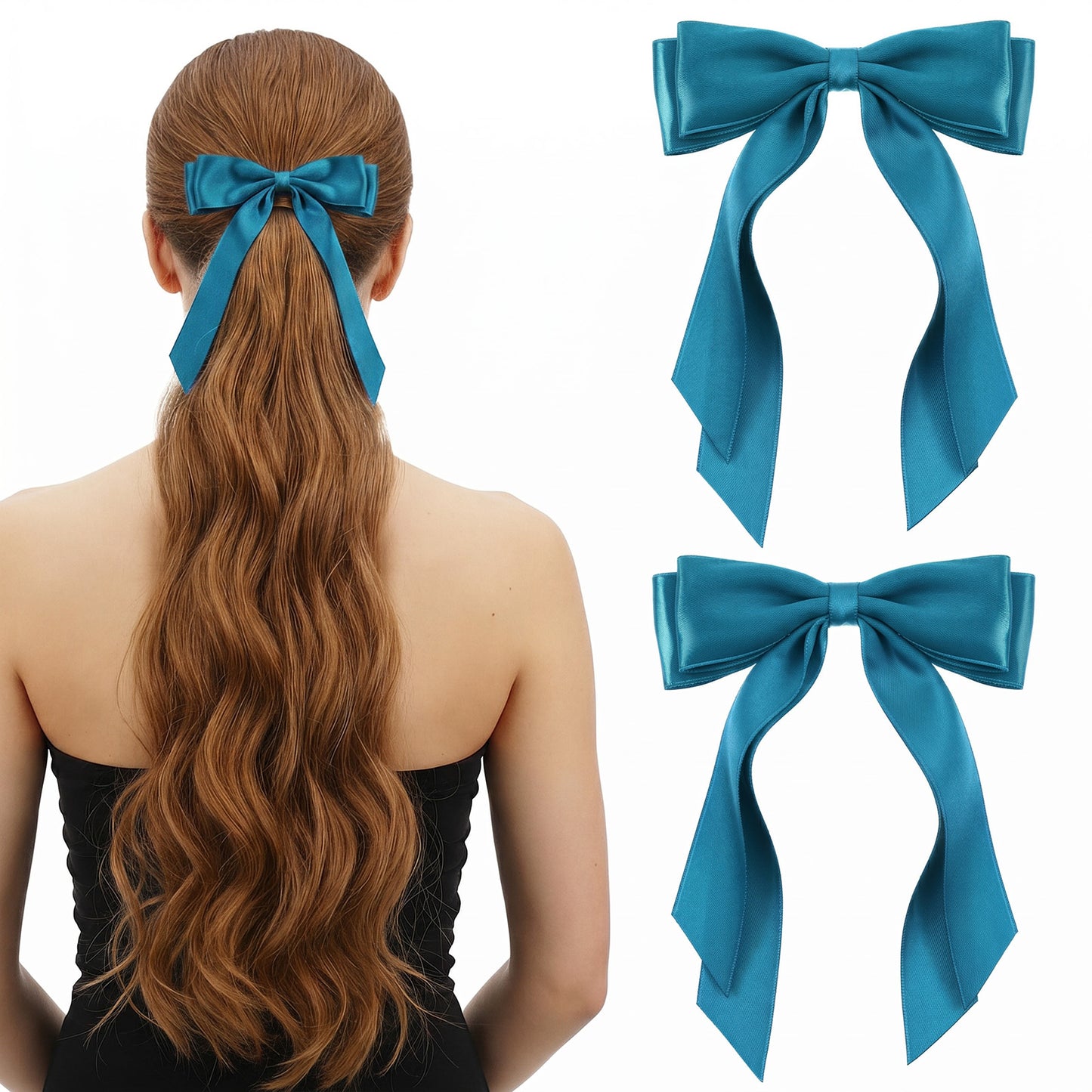 Matwsec 2PCS Blue Hair Bow Peacock Blue Bows for Hair Ribbon Clip with Tails Barrettes Accessories for Women Girls Wedding Dress Decor
