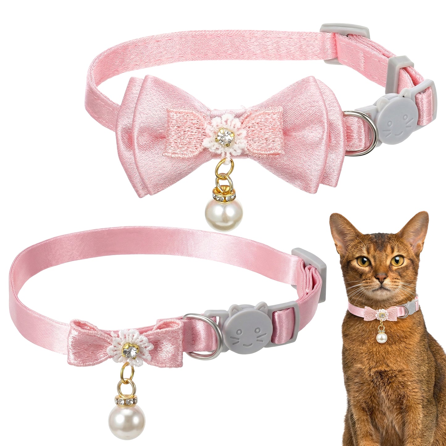 2 Pack Cat Collars for Girl Cats Pink Kitten Collar Adjustable Cute Cat Collar with Bow and Pearl Pendant Breakaway Safety Cats Bowtie Collars Pink Bowtie