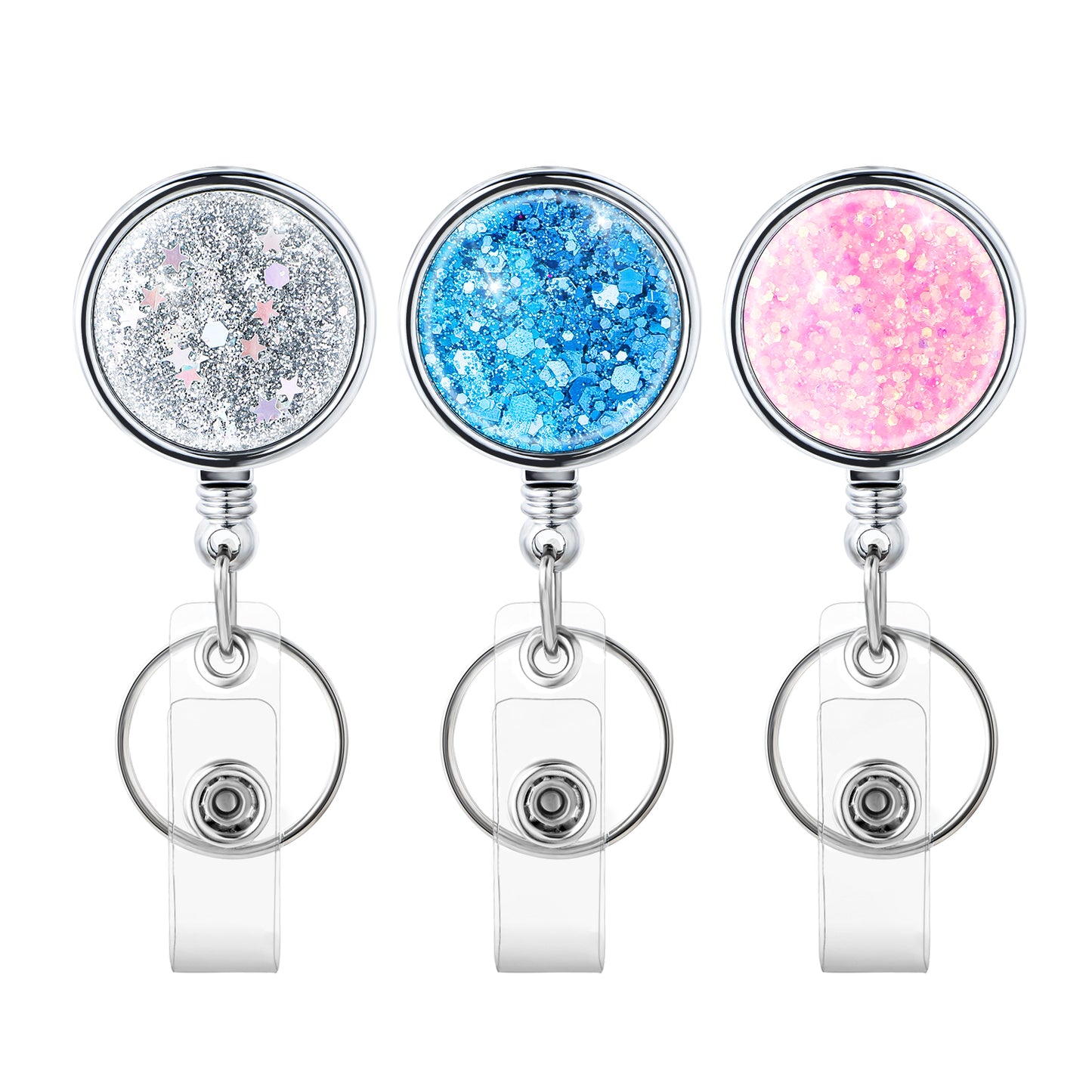 3 Pack Retractable Keychain Glitter Badge Holder with Key Ring & Belt Clip, Bling Cute Badge Reel Clip for Id Cards Office Healthcare Education and Students(Glittery Cute Design 25" Nylon Wire Cord)