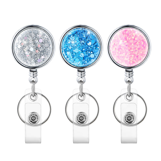 3 Pack Retractable Keychain Glitter Badge Holder with Key Ring & Belt Clip, Bling Cute Badge Reel Clip for Id Cards Office Healthcare Education and Students(Glittery Cute Design 25" Nylon Wire Cord)