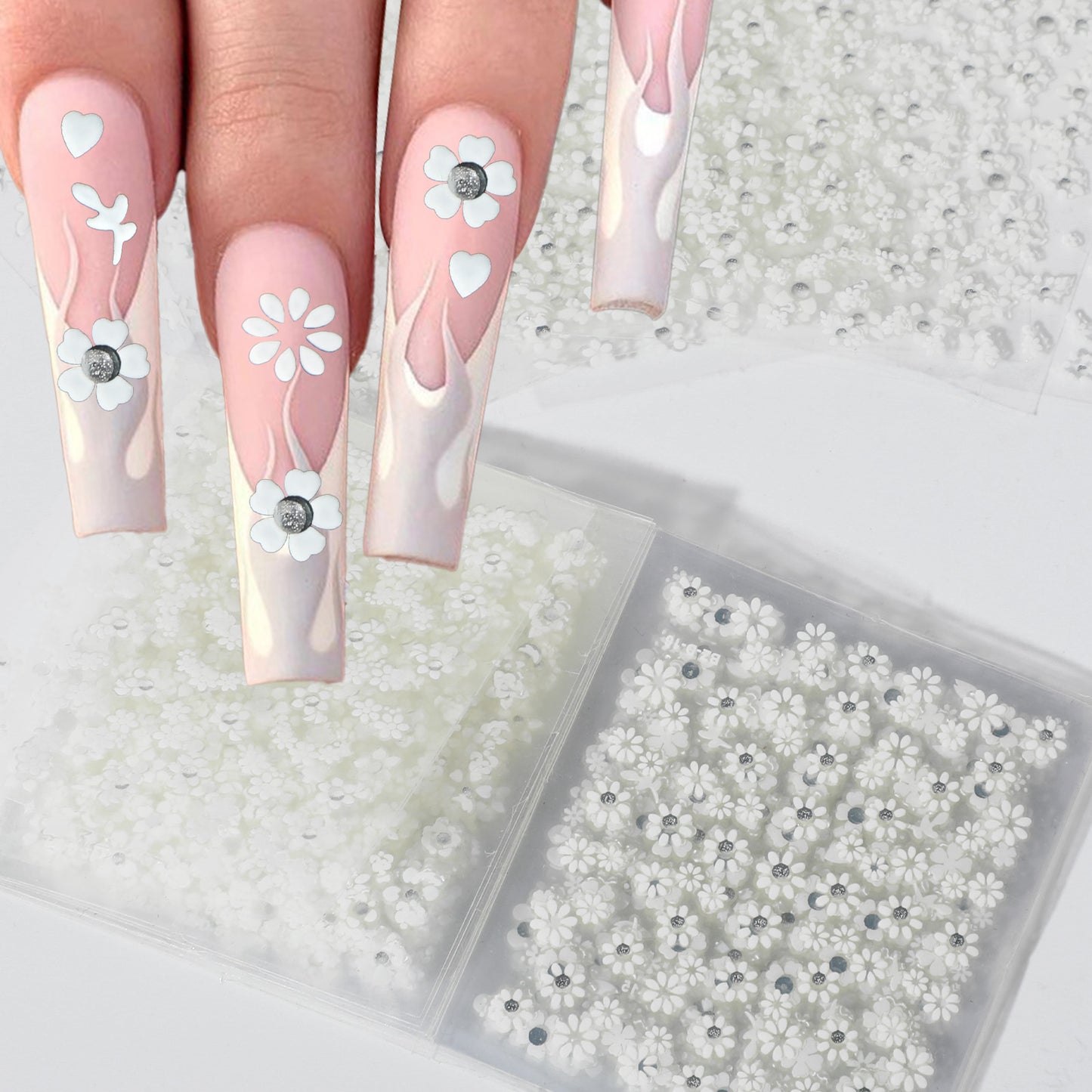 Xindojuz 20 Sheets White Flower Nail Art Stickers Decals, 3D Self Adhesive Daisy Floral Nail Stickers with Rhinestones for Women Girls Summer DIY Manicure Nails Art Decorations (White)