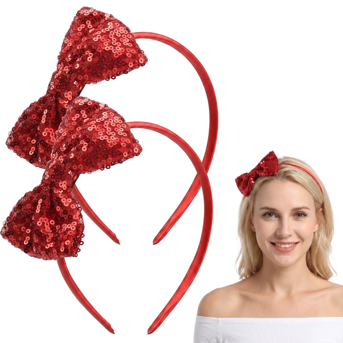 Nogeqi 2 Pcs Red Bow Headbands for Women, Sequin Red Headband with Bow, Glitter Bows Hairband for Festivals, Cosplay, Birthday Party, Halloween, Christmas