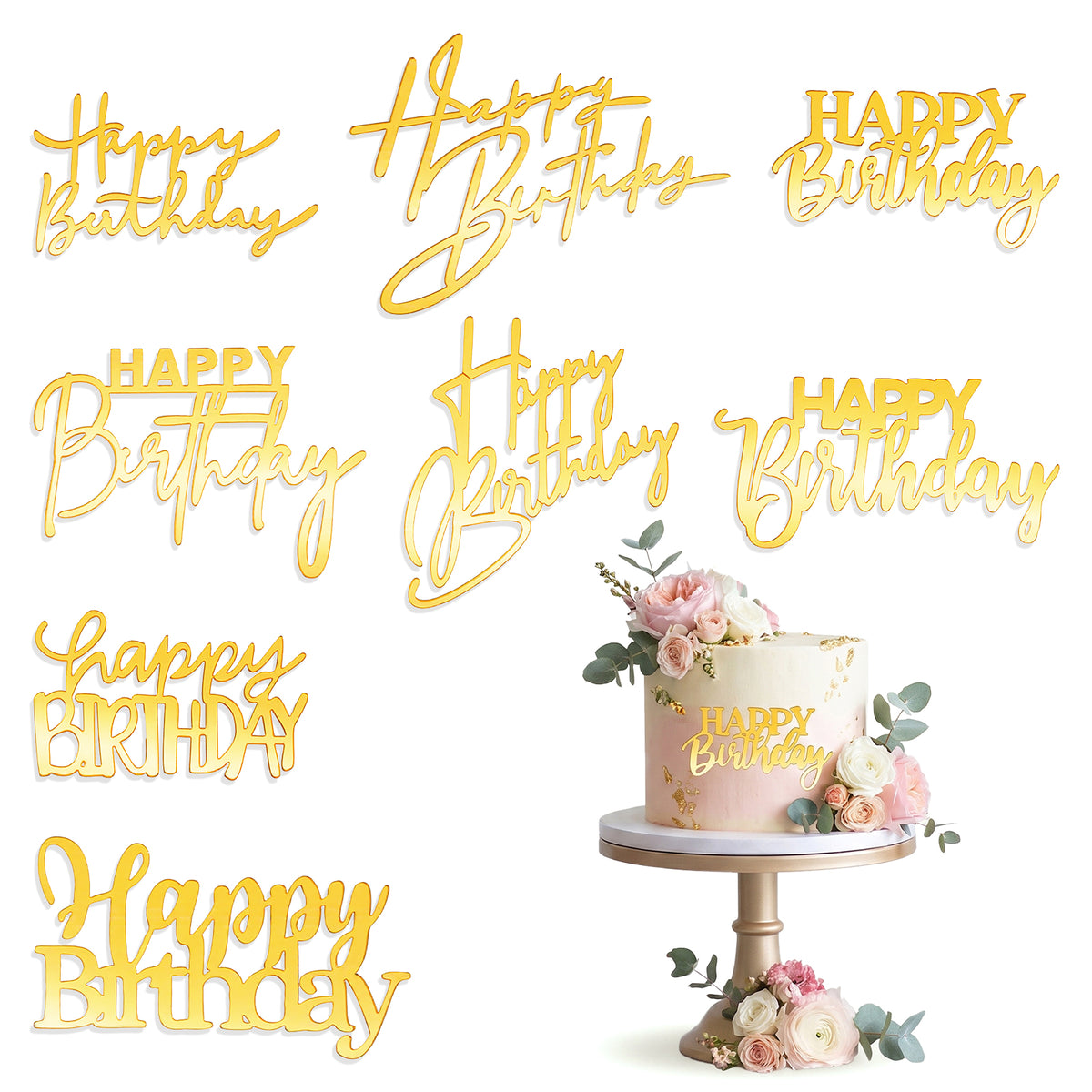 Ouligay 8PCS Gold happy birthday cake toppers silver decorations