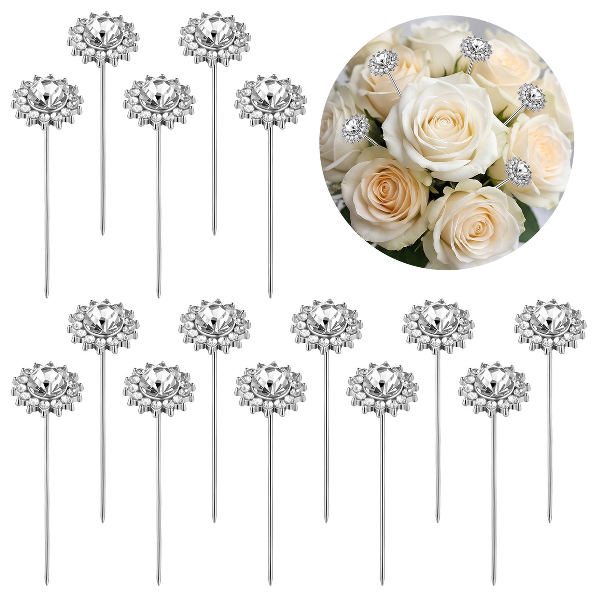 Chsoejuf 15Pcs Diamond Pins for Bouquets Floral Pins Bouquet Pin Silver