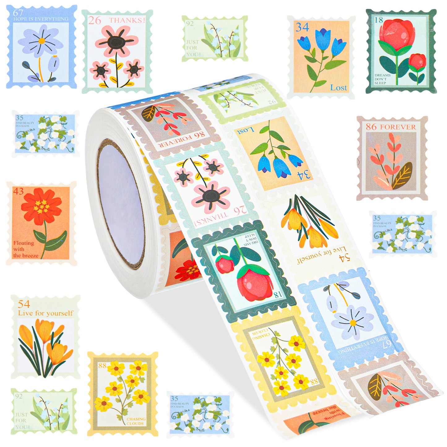 1000 Pcs Flower Stamp Stickers 2 Rolls 10 Styles Floral Sticker Rolls for Scrapbook Junk Journal Planner Diary Envelope Letter Card Self-Adhesive Labels for Envelopes Gift Wrap Craft