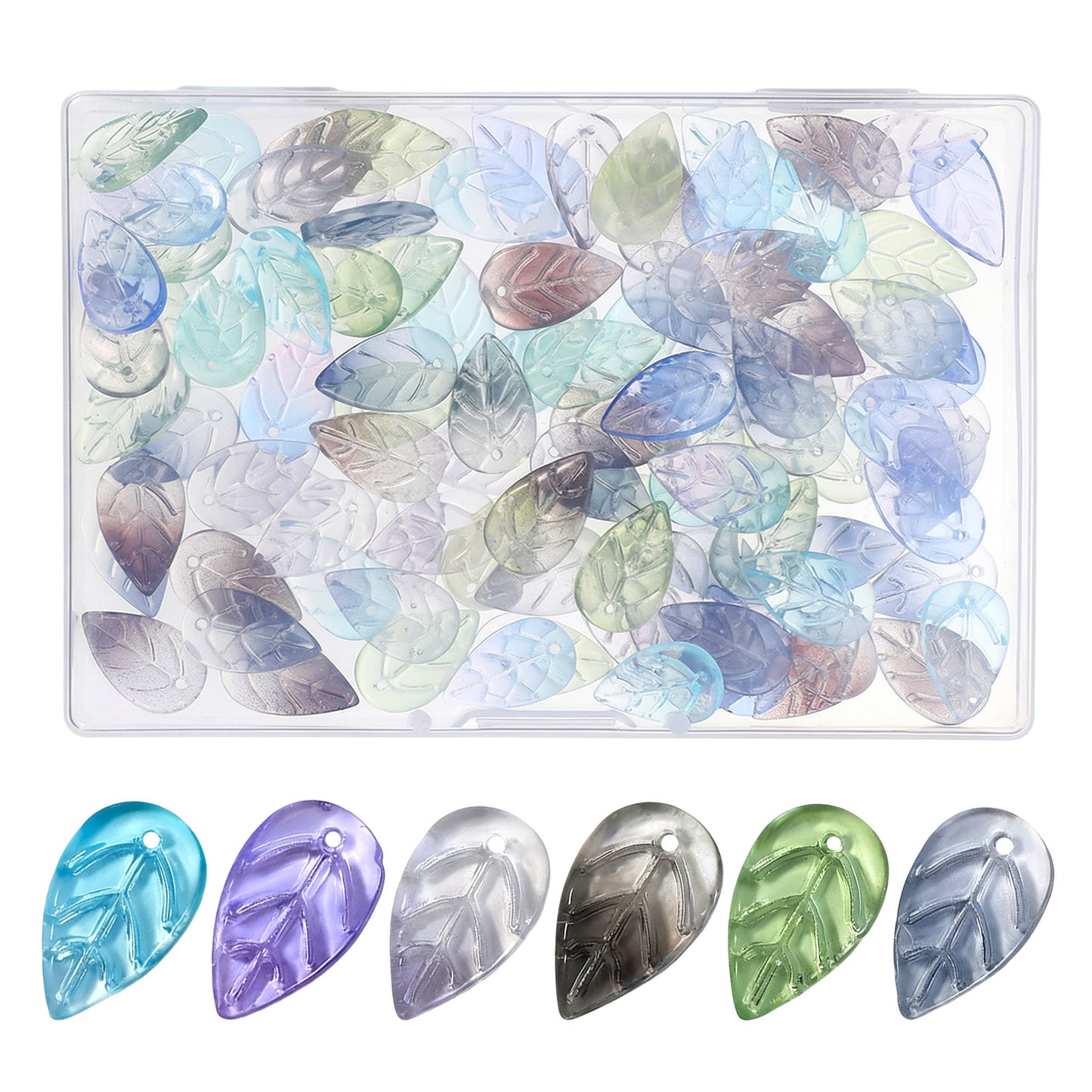 Shimmeroo 100pcs Colorful Glass Leaf Beads with Hole, for Handmade Jewelry Necklace Bracelet DIY Phong Charms Making, 1.8x1cm Mixed Crystal Leaves