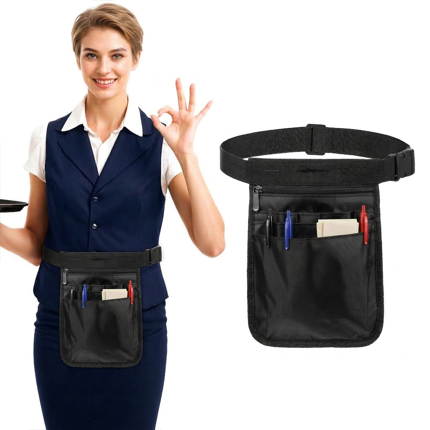 Server Apron with Pockets Black Waitress Apron for Servers Adjustable Waist Pouch Utility Organizer Belt Restaurant Waitress Accessories Bag Money Bag Tool Belt Working Serving Pack for Bars Hotel
