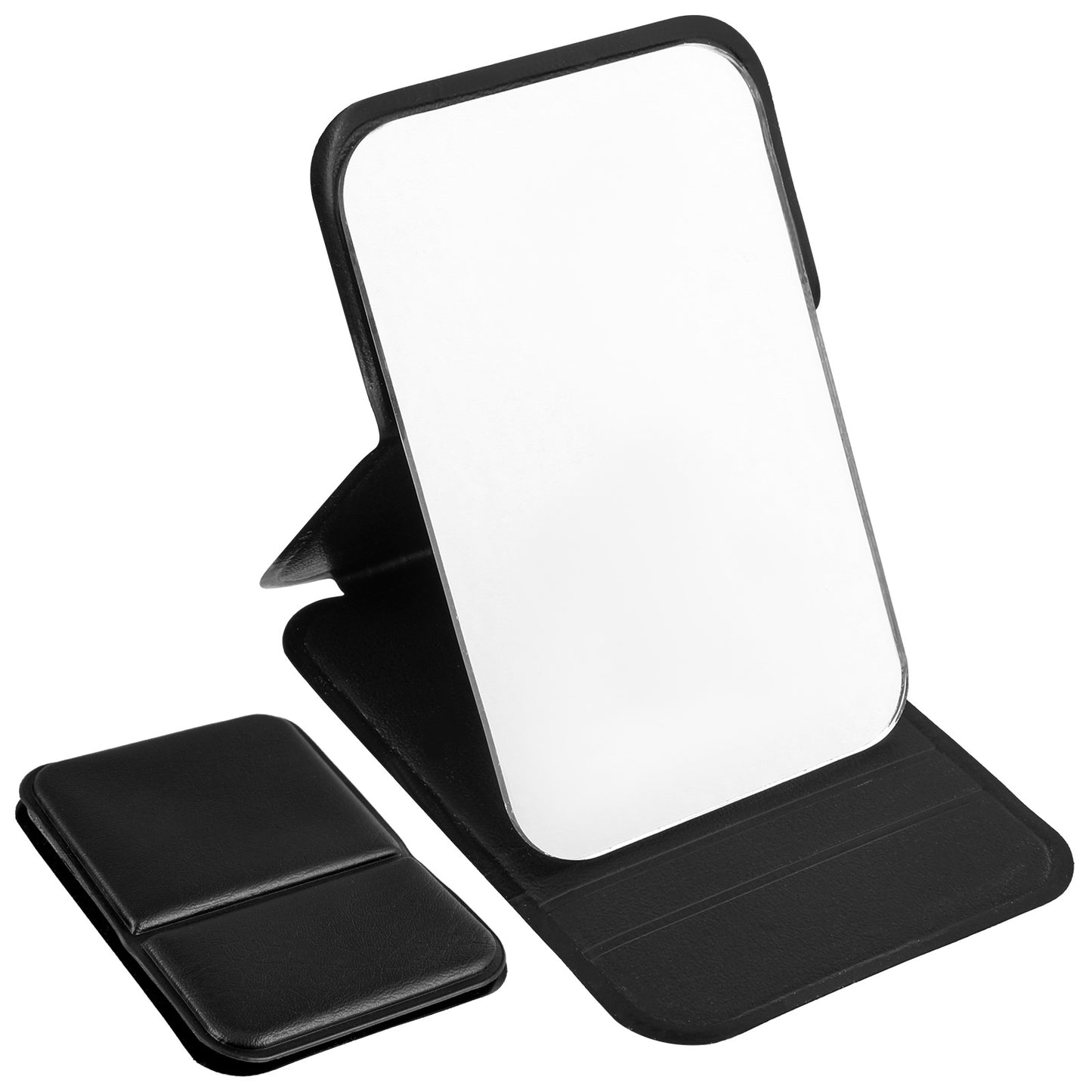 Mabor Compact Mirror for Purses, 4.13in Small Travel Makeup Mirror Folding PU Mini Mirror, Standed & Handheld, Portable for Pocket, Black