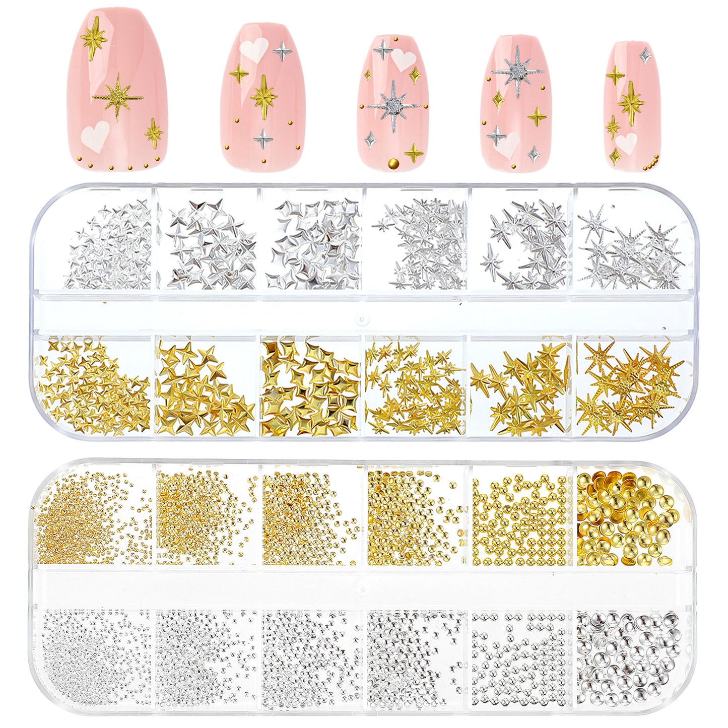 2200Pcs Gold and Silver Star Pearls Gold Nail Charms,Star Nail Charms and Studs,Sparkle Metal for Acrylic Stars Nails Rivet Studs, 3D Self-Adhesive Silver Nails Decals for Women Y2k Decor