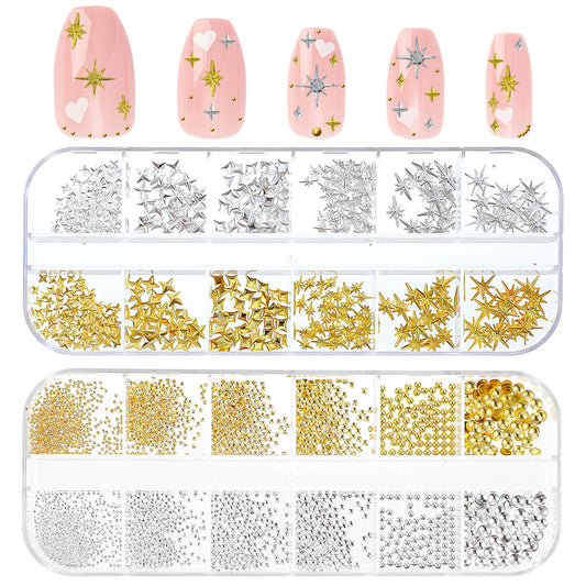 2200Pcs Gold and Silver Star Pearls Gold Nail Charms,Star Nail Charms and Studs,Sparkle Metal for Acrylic Stars Nails Rivet Studs, 3D Self-Adhesive Silver Nails Decals for Women Y2k Decor