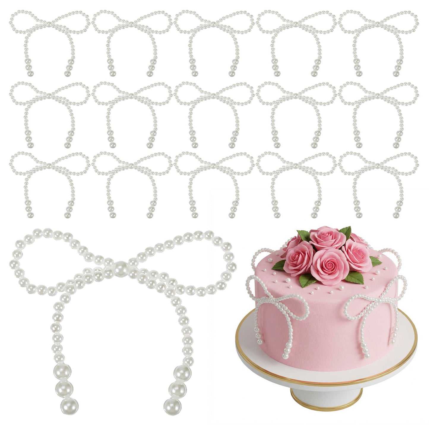 Rahhlizs 16 Pcs Pearl Bows Cake Decorations Pearls White Bows for Cakes Topper Bow for Cake Decorating Weddings, Birthday, Valentine's Day, Bridal Shower, Themed Party Cakes Decoration Supplies