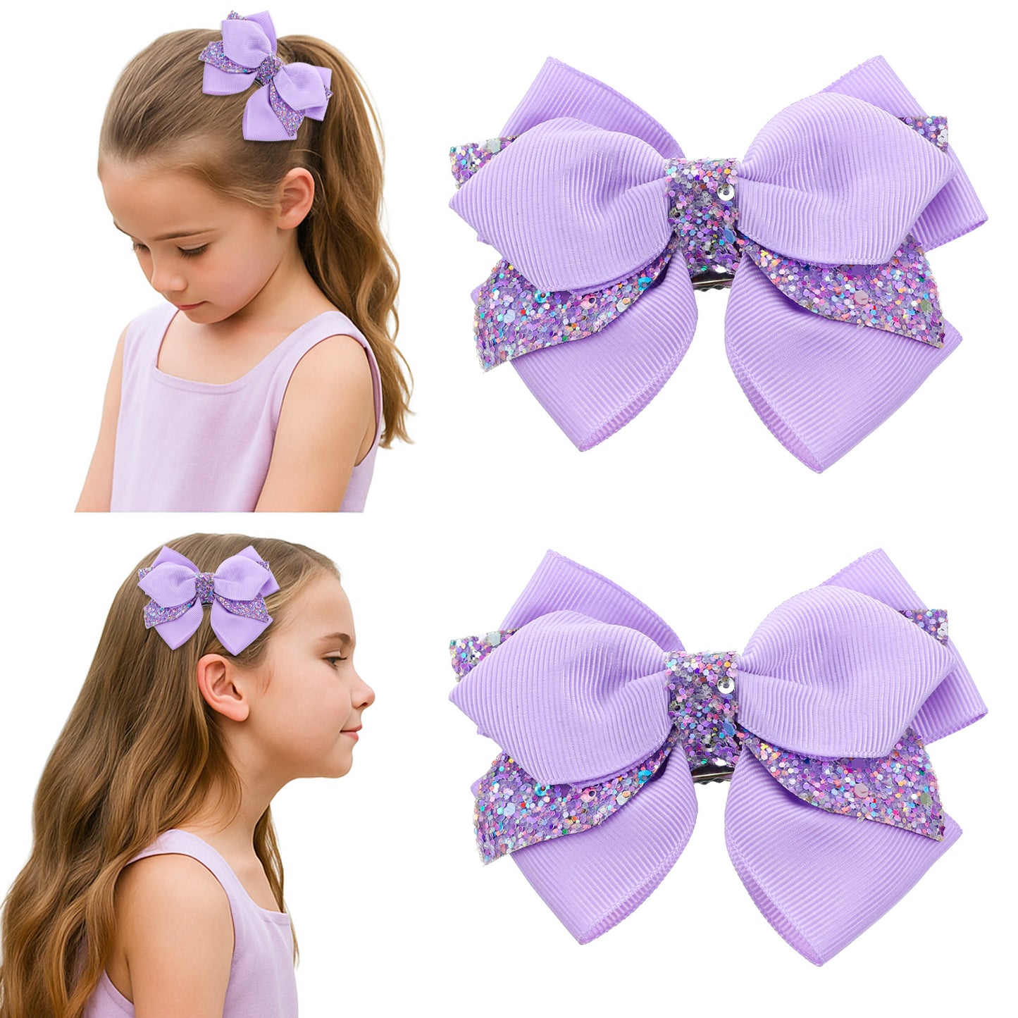 2 Pcs 3.94 Inch Glitter Purple Hair Bow Clips, Sequin Alligator Barrettes Large Hair Bows Pins for Girls Teens Toddler Kids Fall Halloween Mermaid Costume Decor Accessory Birthday Gift