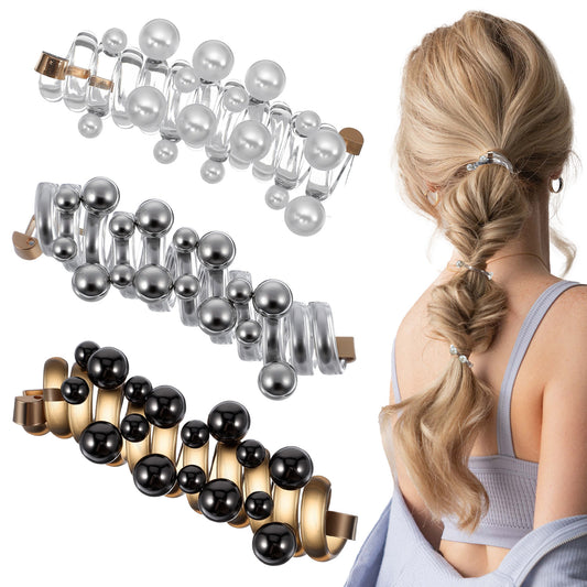 Ymapinc 3Pcs Spiral Hair Ties for Women, Ponytail Holders Phone Cord Hairtie with Pearl Bead, No Crease Telephone Cord for Coil Curly Hair Accessories