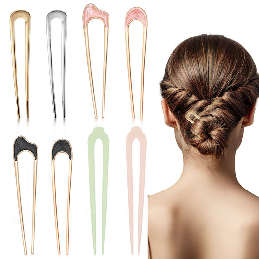 Tyqour 8Pcs Vintage French Hair Pins for Women, Resin U Shaped Hair Pins for Styling, Colorful French Pins for Thick Fine Hair Bun Forks Hairstyle Accessories