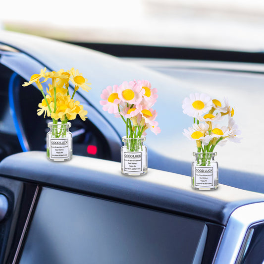 3 Pcs Daisy Flower Car Accessories for Women Mini Daisy Flowers in Glass Vase Cute Car Accessory for Rear View Mirror & Dashboard Decorations Funny Automotive Interior Ornaments Gifts White Pink Yello