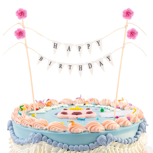 Ymapinc Happy Birthday Banner Cake Topper Set - Reusable for Party Supplies Banner Topper Custom Happy Birthday Sign for Cake with Floral Decoration