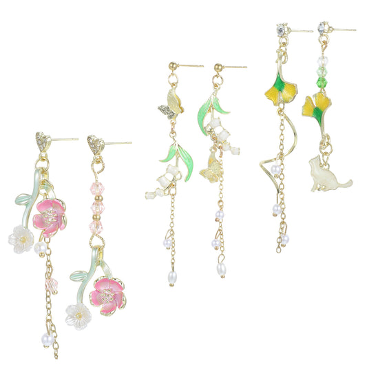 3 Pairs Long Flower Dangle Earrings for Women Earring Leaf Floral Tassel Earring Statement Flower Dangle Pink Floral Earrings Idyllic Styles Wedding Jewelry for Ladies Bridesmaid Gifts Colorful